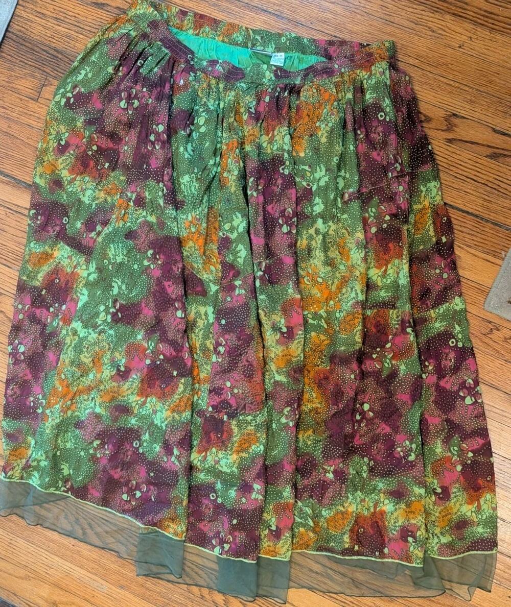 Vtg Take Two Gauze Pheasants Lined Skirt Women's 2X Two Toned Green Burgundy